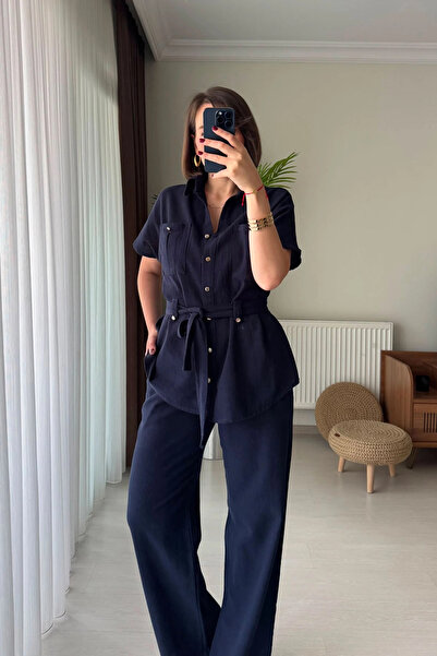 Kubos Moda Belted Shirt Trousers Linen Navy Blue Double Suit
