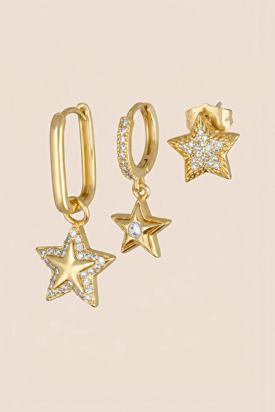 Hetra Gold Colored Zircon Stone Asymmetrical Star Dangle 3-Piece Earring Set