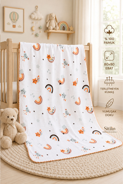 Sitilin Kız Erkek Bebek Tek Kat Müslin Kundak Battaniye Ponponlu Yazlık Puset...
