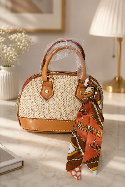 LAVELORABAG Fularlı Mini Hasır Dome (Kupola) Çanta