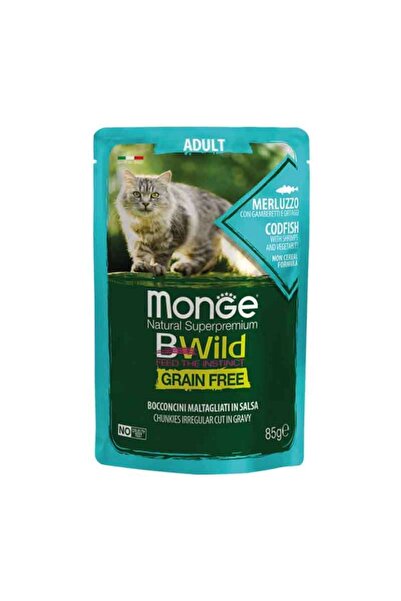 Monge Bwild Grain Free Υγρή Τροφή για Γάτες Μπακαλιάρος, Γαρίδες Και Λαχανικά...