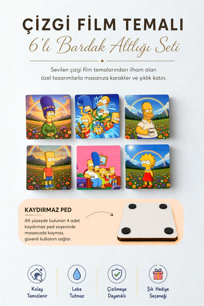 caps Cartoon Themed 10 X 10 cm Set of 6 Coasters