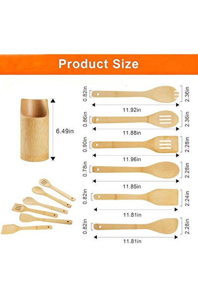 NYGANMELLOZ 7-Piece Bamboo Utensil Set with Holder, Natural Wooden Spoons & S...
