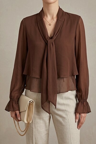 Aslı Asya Women's Brown Chiffon Scarf Collar Shirt