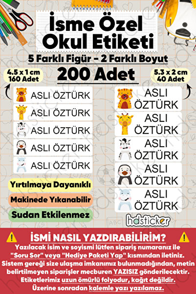 hdsticker 200 Adet Safari Hayvanları Desenli İsme Özel Okul Etiketi Kişiye Öz...