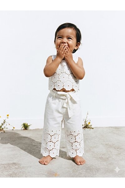 Bebüş Girl's White Scallop Embroidered Two-Piece Summer Set 100% Cotton Natur...