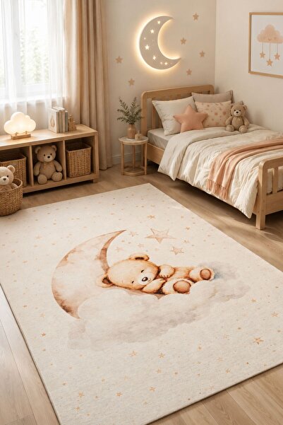 Oriente Home Ayıcık Figürlü Krem-Anti-Bakteriyel Kaymaz Taban Şönil Dokuma Ço...