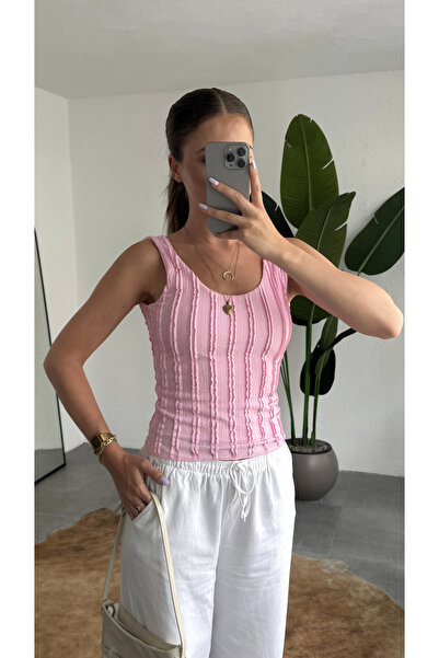 asfamoda Pembe Dokulu Atlet Bluz – Sırt Dekolteli Esnek Fit Yazlık Kadın Bluz