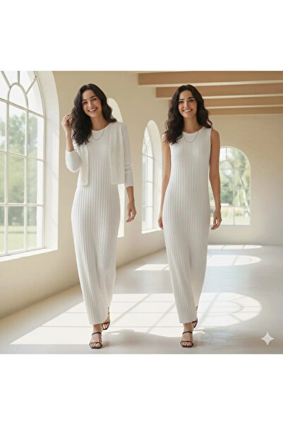 Kinzi Γυναικείο σετ πλεκτό φόρεμα & ζακέτα One Size, κινζί λευκό, σε φαρδιά γ...