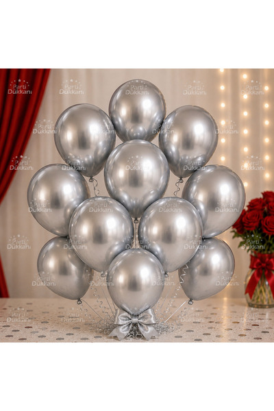 Parti Dükkanı 10 Adet Gümüş Balon Seti Helyum Uyumlu Metalik Gümüş Renk Parti...