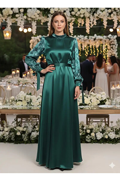 Miss Rossa Πράσινο Γυναικείο Σατεν Φόρεμα Με Κορδέλα στο Χέρι — 42