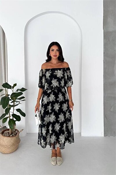 Neşeli Butik Women's Black Madonna Collar Chiffon Patterned Midi Length Dress...