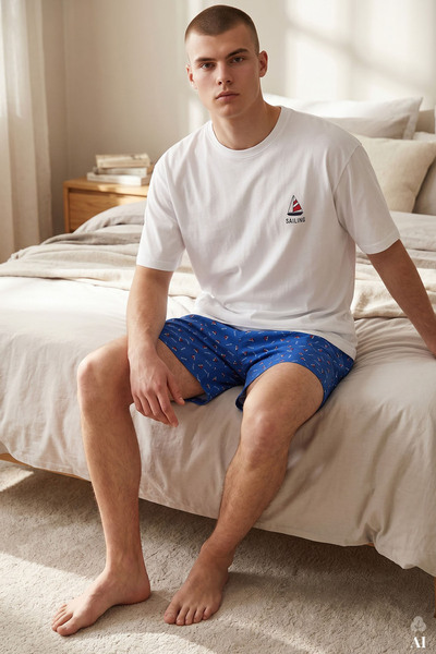 koza iç giyim Men's Cotton Blue Printed Pajama Set with Pocketed Shorts