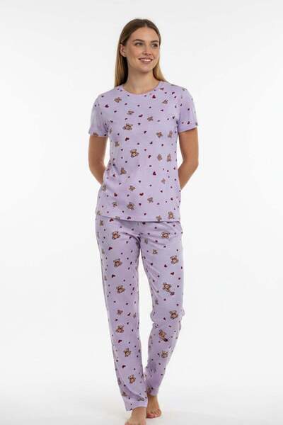 Lahor Secret Women's Soft Textured Teddy Bear Patterned Short Sleeve Pajama Set