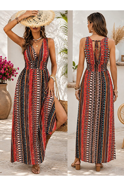 Kokosh moda Ethnic Inspiration Elegance Women's Slit V-Neck Patterned Long Su...
