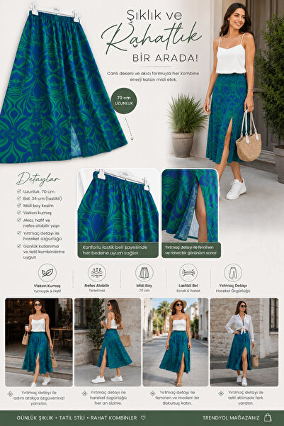 Generic Brand Minella Fashion Patterned Viscose Midi Length Skirt with Slit D...