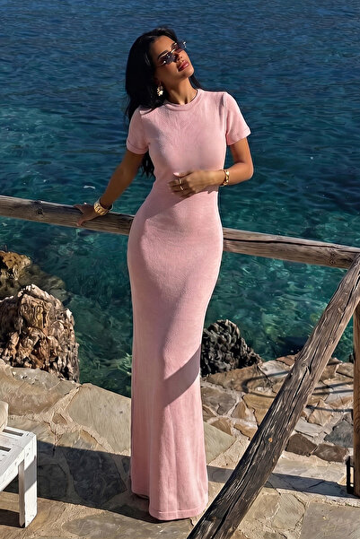 Eyyo Pembe Grino Sıfır Yaka Kısa Kollu Şık Uzun Elbise ATE-5565