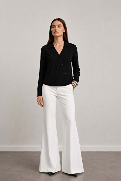 RB CLUB Black Button Detailed V-Neck Blouse