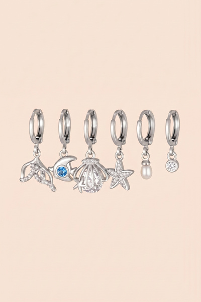 Hetra Silver Color Zircon Stone Fish Star Sea Shell Dangle 6-Piece Hoop Earri...