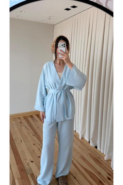 My Blog Blue Belted Kimono Wide-Legged Pants Set