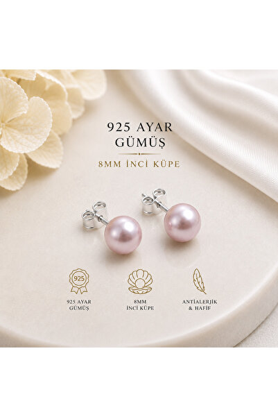 seven kuyumculuk 925 Ayar Gümüş 8 MM Pembe İnci Küpe | Antialerjik Zarif Kadı...