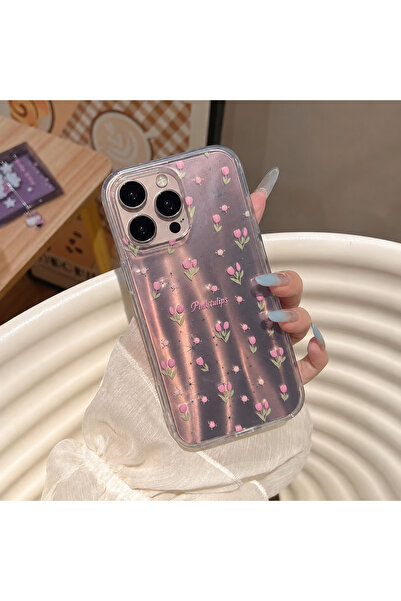 MustCase iPhone 14 Pro Max Uyumlu Pembe Lale Desenli Holografik Telefon Kılıf...