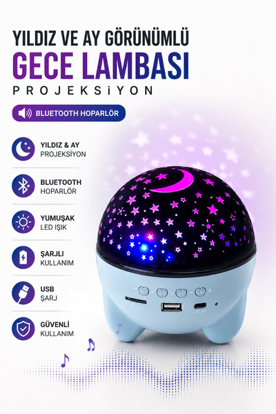 Clevora Gökyüzü Temalı Bluetooth Ve Hoparlörlü Şarjlı Çocuk Gece Lambası