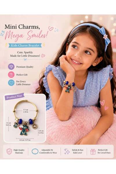 Stitch Blue Cartoon Character Charm Bracelet Adjustable Gold-Tone Bangle for ...