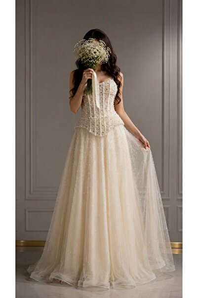 dalaa Two Tone Evening Dress White and Olive Green