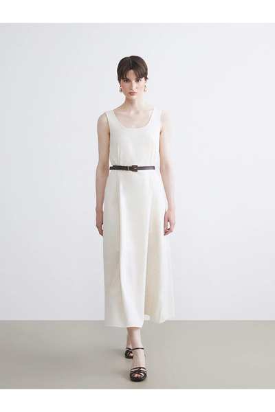 LC Waikiki Beige U-Neck A-Line Linen Blend Dress