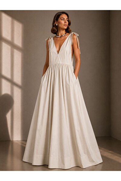 ALYEL NAKER V-Neck & Waist-Tie Maxi Length Poplin Stylish/Casual Dress