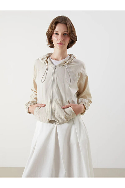 LC Waikiki Beige Hooded Oversize Linen Blend Women's Jacket