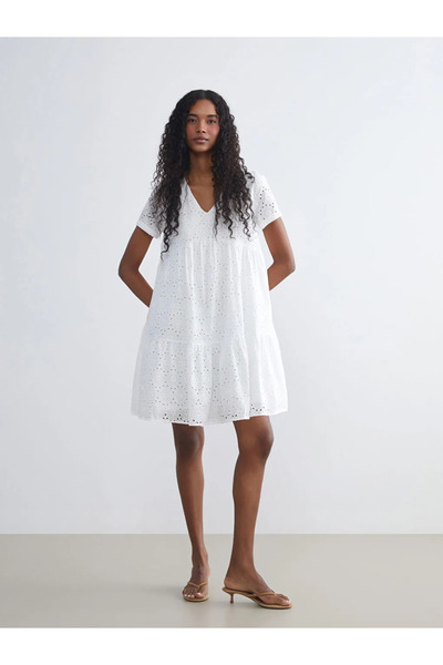 LC Waikiki White V-Neck Layered Gathered Embroidered Dress