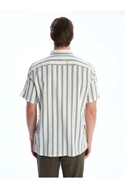 LC Waikiki Blue Regular Fit Short Sleeve Striped Linen Look Men's Shirt