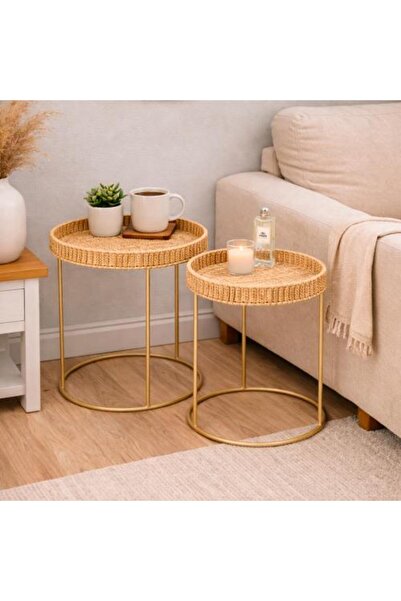 Warehouse Round Wicker Side Tables Set with Golden Metal Base, Two Pieces