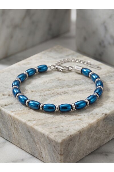 Parmas Design Barley Cut Blue and Silver Hematite Natural Stone Adjustable St...