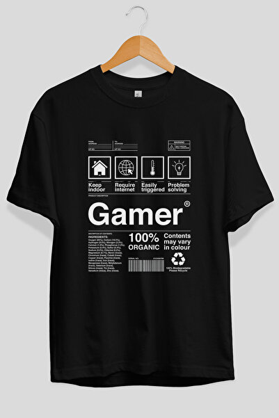 Ankhises Μπλουζάκι Gamer Oversize με στάμπα μπροστά, μαύρο, 100% βαμβάκι, Str...