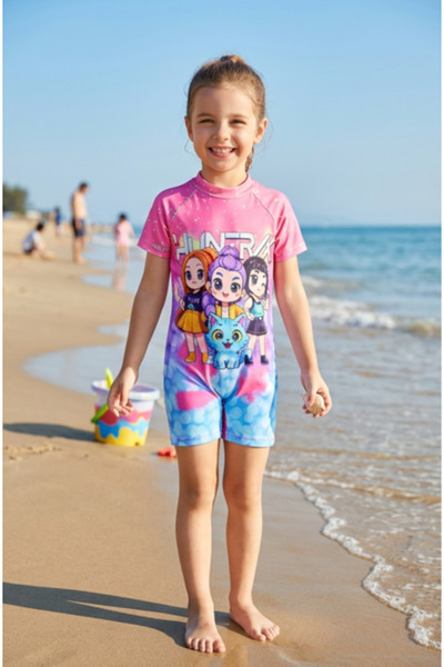 MAVİ BONCUKK Girl's Short Sleeve Marine Swimsuit Jumpsuit Swimsuit Suitable f...