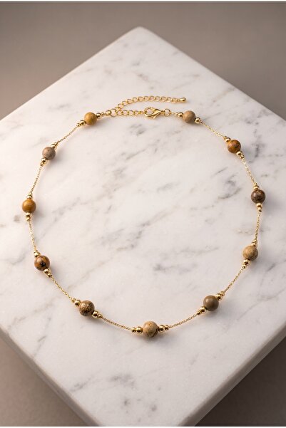 Mijja Landscape Jasper Natural Stone, Gold Color Lacquer Finish Non-Tarnish N...
