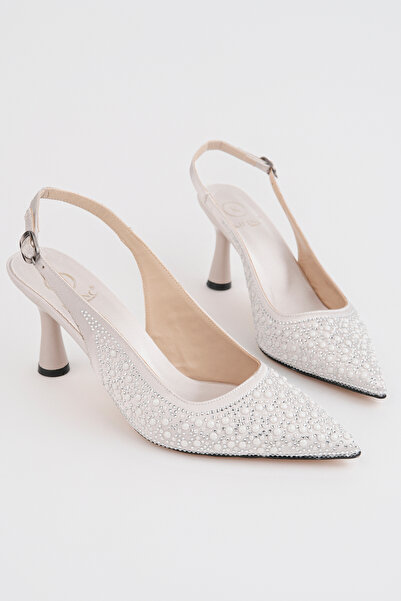 RoseVeno Women's White Satin Pearl Decorated Heeled Shoes Stiletto