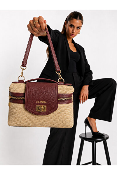 NEVERMİND Glanzia Aura Bordeaux Straw Bag Burgundy Wicker Women's Shoulder an...