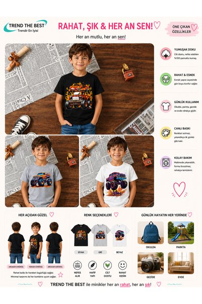 TREND THE BEST Trendin En İyisi Summer Big Cars Printed Boys' Black, White, Gray Colors 3-Piece T-Shirt Set