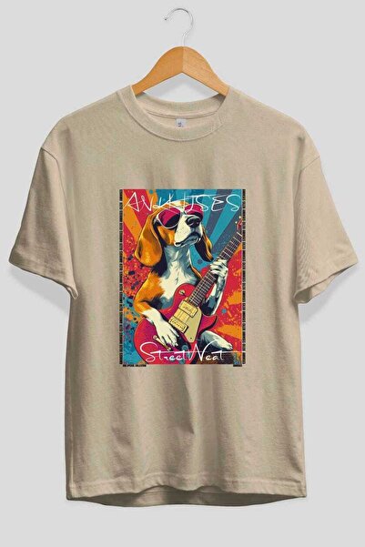 Ankhises For Dog Lovers 23 Front Dog Print Beige Oversize T-Shirt 100% Cotton...