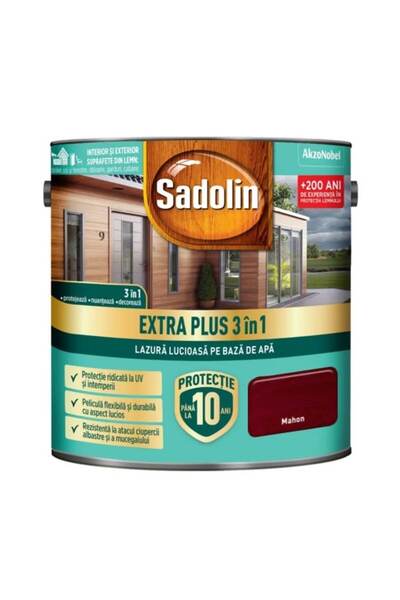 Sadolin Glazură lucioasă 3-în-1 pe bază de apă, Extra Plus, 0.75L, mahon / 57...
