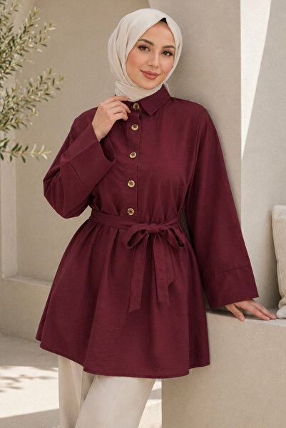 TOFİSA Kuşaklı Bileği Lastilk Detaylı Tunik Bordo - 2123-BORDO