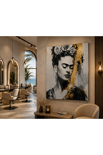 EvimeTablo Frida Kahlo Portre Kanvas Tablo – Siyah Beyaz Gold Kadın Modern Du...