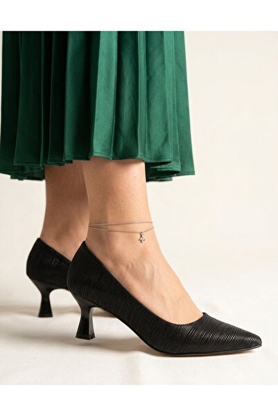Gönbeler Black Striped Textured 5 cm Thin Heel Shoes - Comfortable Evening Dr...