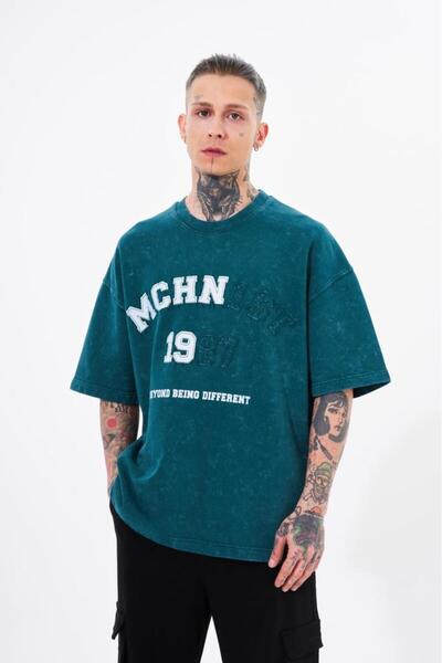 Machinist Tricou oversize pentru bărbați, cu broderie, lavabil, verde ulei