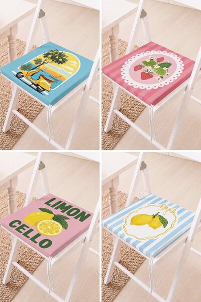 Home Set of 4 Mixed Lemon and Summer Themed Lace-Up Chair Cushions Kitchen Cu...