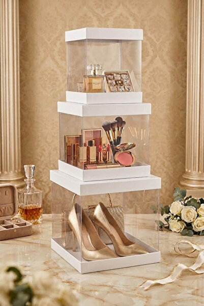 Çt Çeyizci Tekstil Lüks Şeffaf Asetat Gelin Bohça Kutusu 3’lü Gold Set – Çeyi...